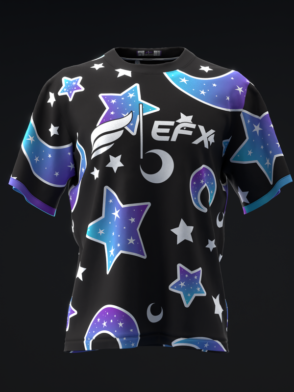 Black bowling jersey with blue and purple stars and celestial design, front view