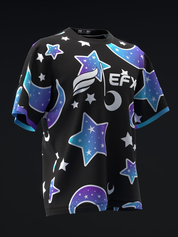 Black bowling jersey with colorful galaxy stars and moons graphic, front view