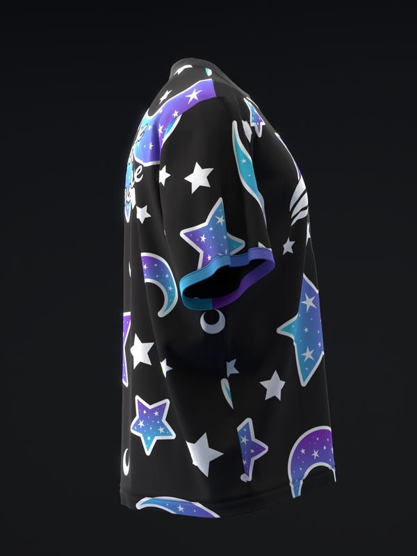 Black bowling jersey with celestial moons, stars, and galaxy pattern, side view