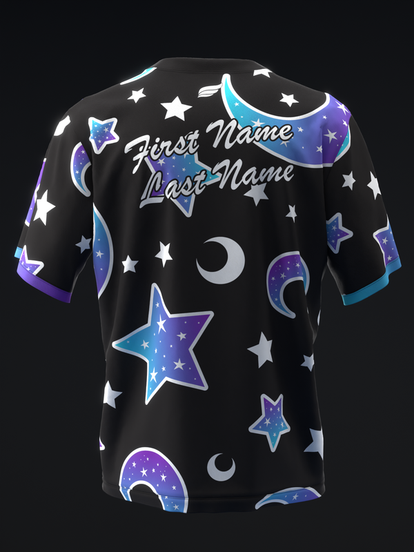Black bowling jersey with galaxy moons, stars, and personalized name text