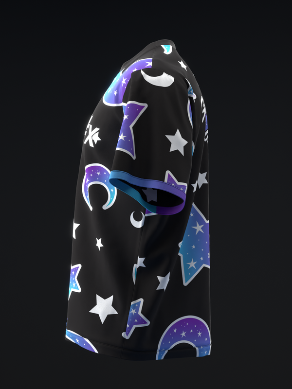 Black bowling jersey with purple and blue celestial graphics and stars