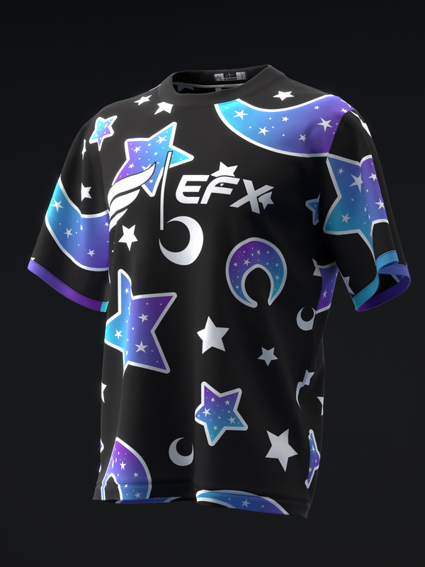 Black bowling jersey with colorful cosmic design featuring stars and moons, front view
