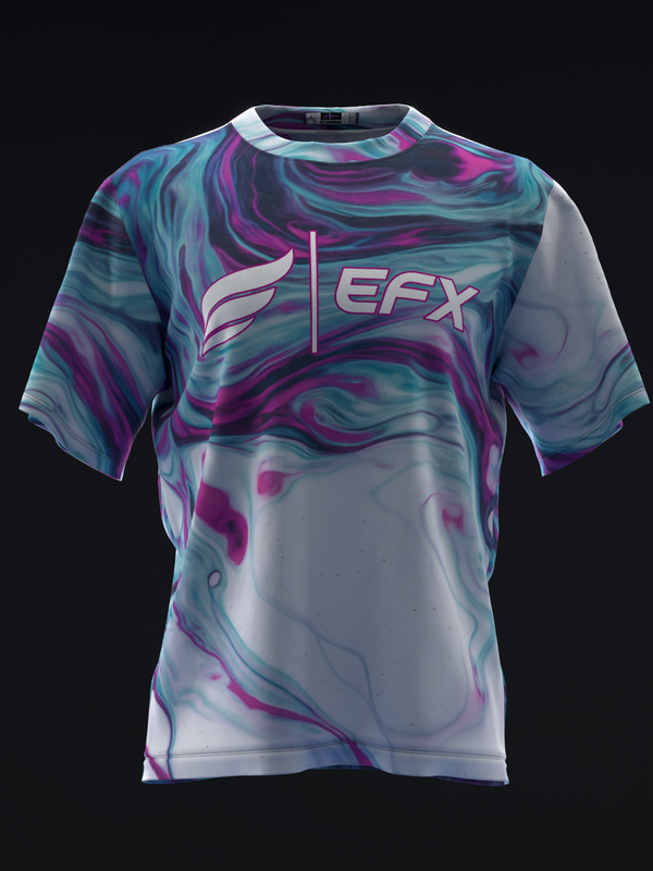 Front view of bowling jersey with purple, teal, and white swirl pattern and EFX logo