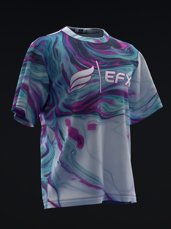 Front view of bowling jersey with purple and teal swirl pattern and EFX logo