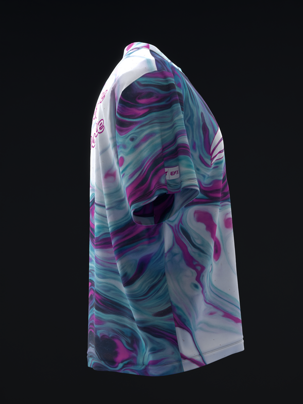 White bowling jersey with purple, teal, and magenta swirl pattern, side view
