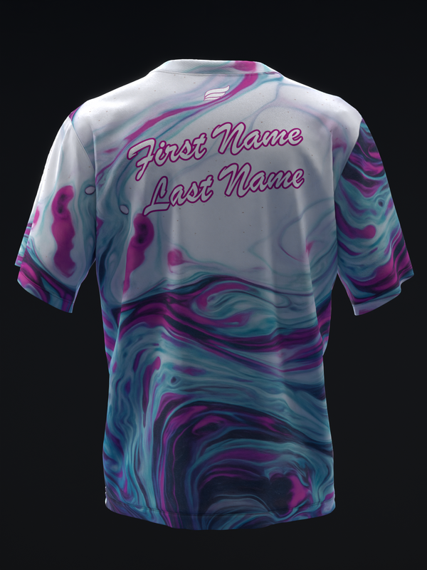 Bowling jersey back view with purple, teal, and white swirl pattern and personalization text