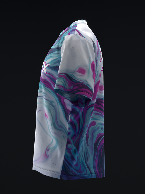 White bowling jersey with purple, teal, and blue swirl pattern on side
