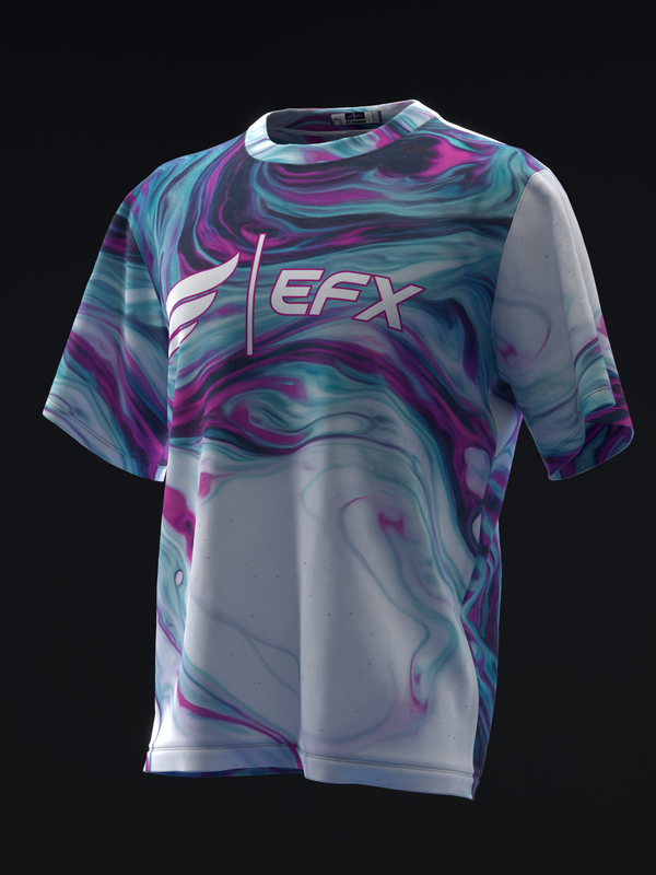 Front view of bowling jersey with swirled teal, purple, and magenta pattern and EFX logo