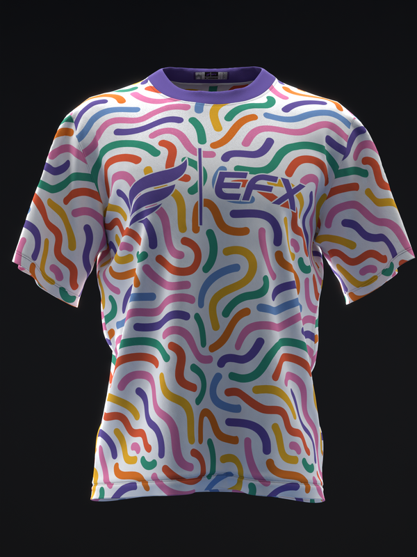 White bowling jersey with multicolored squiggle pattern and EFX logo, front view