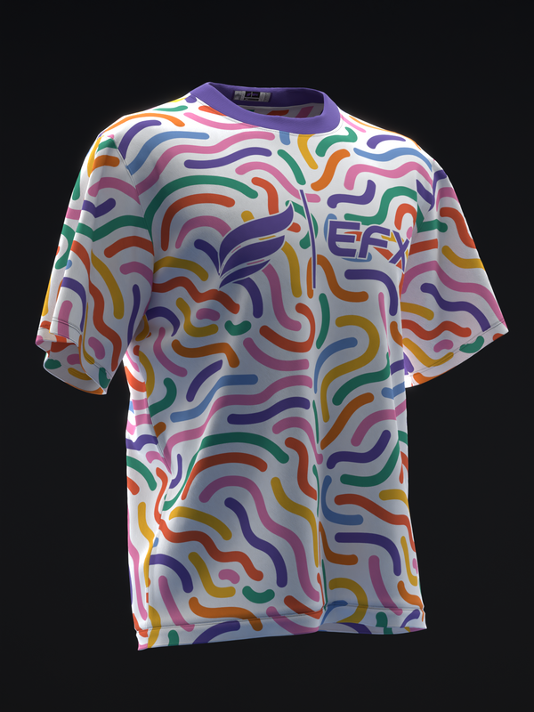 White bowling jersey with multicolored squiggle pattern and purple EFX logo