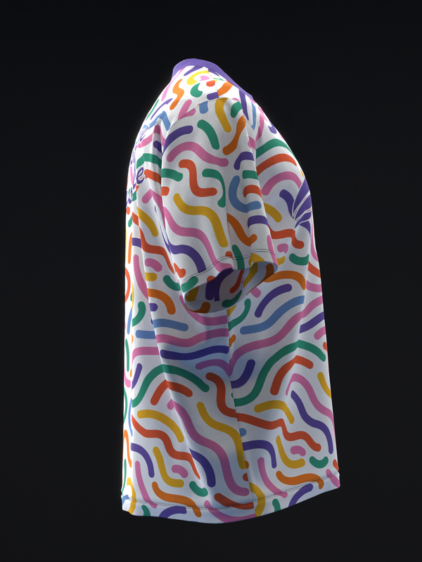 Colorful bowling jersey with abstract squiggle pattern on white background, side view