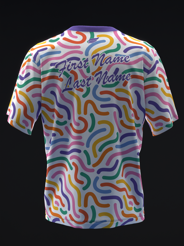 Bowling jersey with colorful squiggle pattern and personalized name text, back view