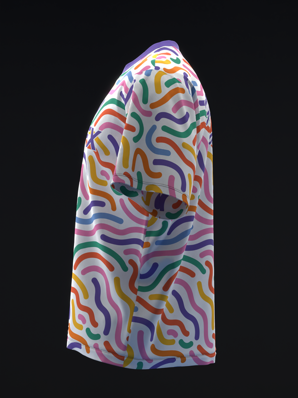White bowling jersey with multicolored wavy squiggle pattern throughout