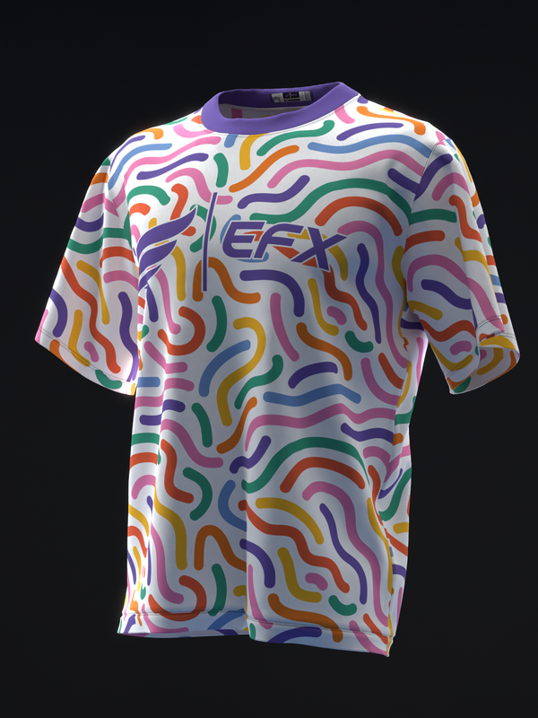 White bowling jersey with multicolored squiggly line pattern throughout, front view