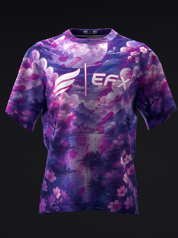 Purple bowling jersey with pink flowers, clouds, and EFX logo front view