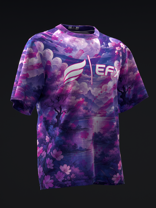 Purple bowling jersey with pink floral and cloud pattern, EFX logo front view