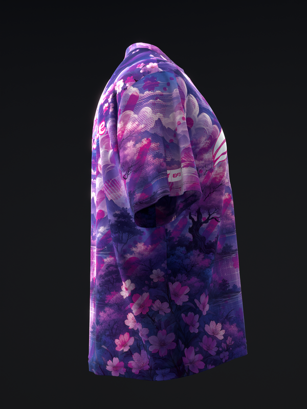 Purple bowling jersey with pink floral and cloud pattern, side view