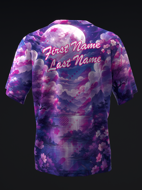 Purple bowling jersey with celestial floral design and personalized name text, back view