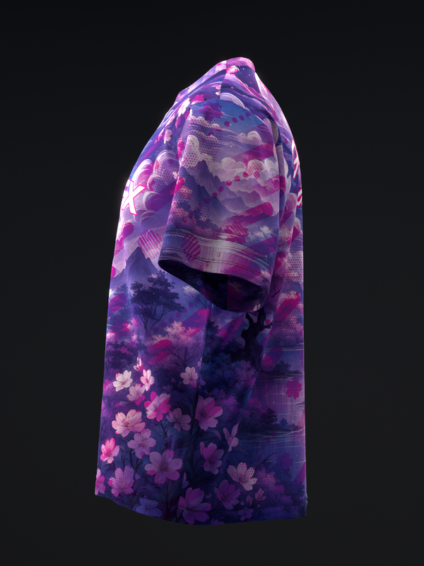 Purple bowling jersey with pink and white floral pattern, side view