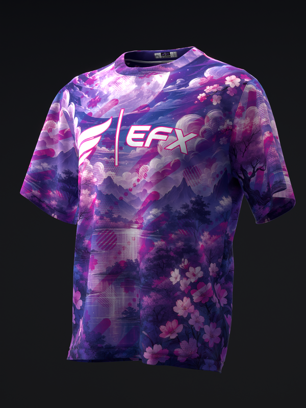 Purple bowling jersey with pink floral and neon geometric design, front view