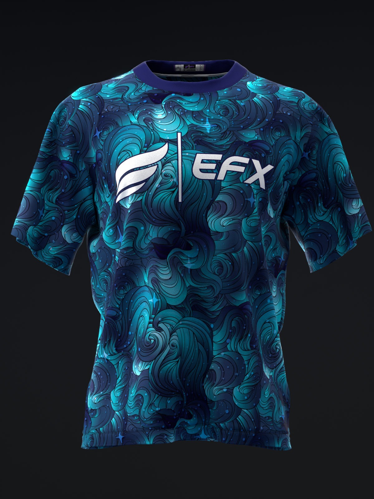 Blue bowling jersey with swirling water pattern and white EFX logo, front view
