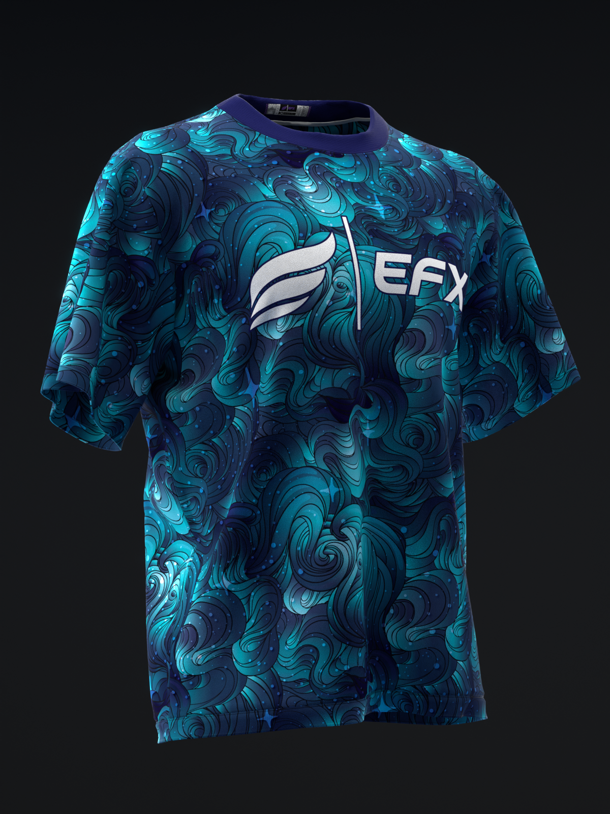 Blue bowling jersey with swirled wave pattern and EFX logo front view