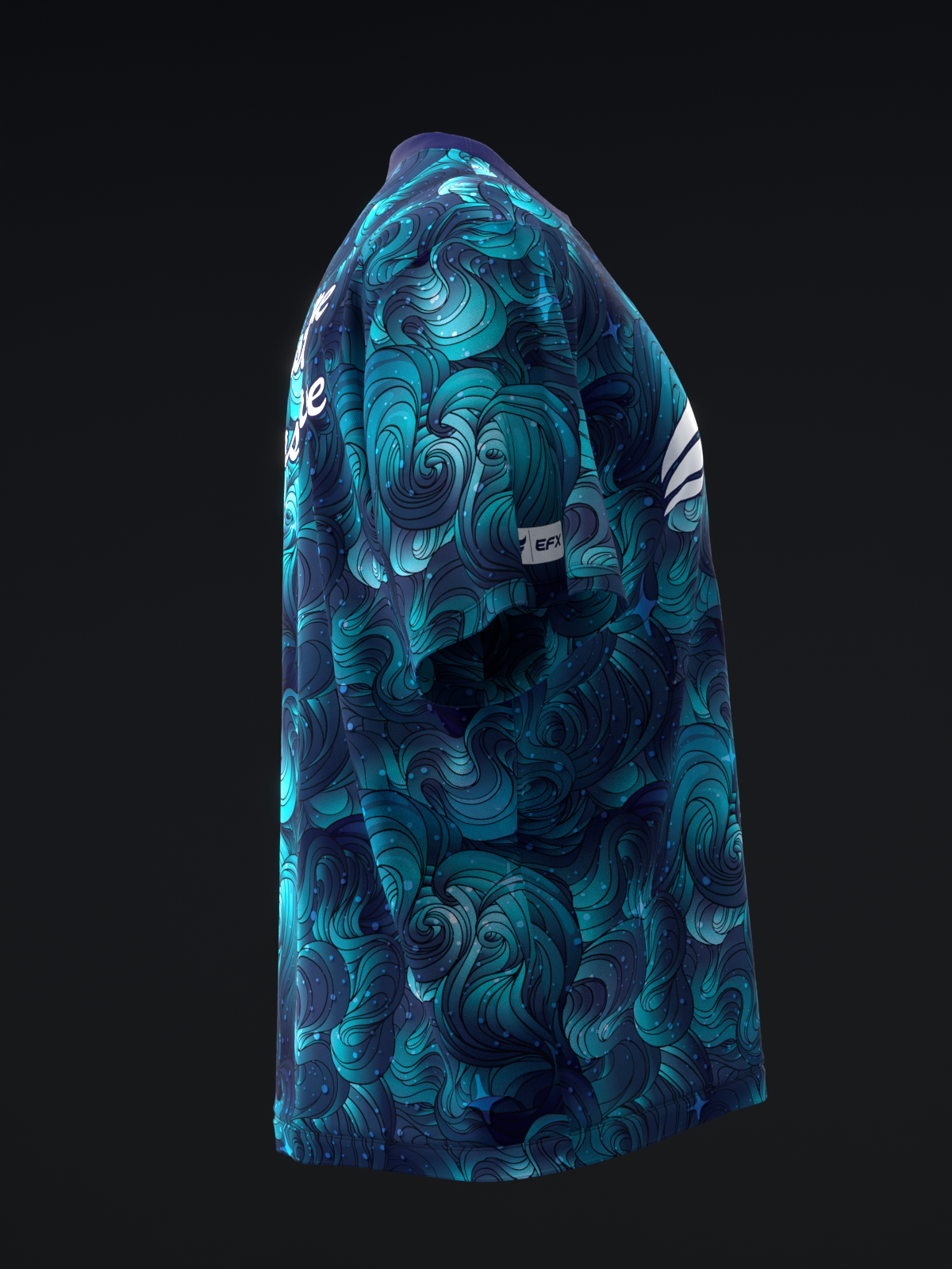 Blue bowling jersey with swirling teal and navy wave pattern, side view