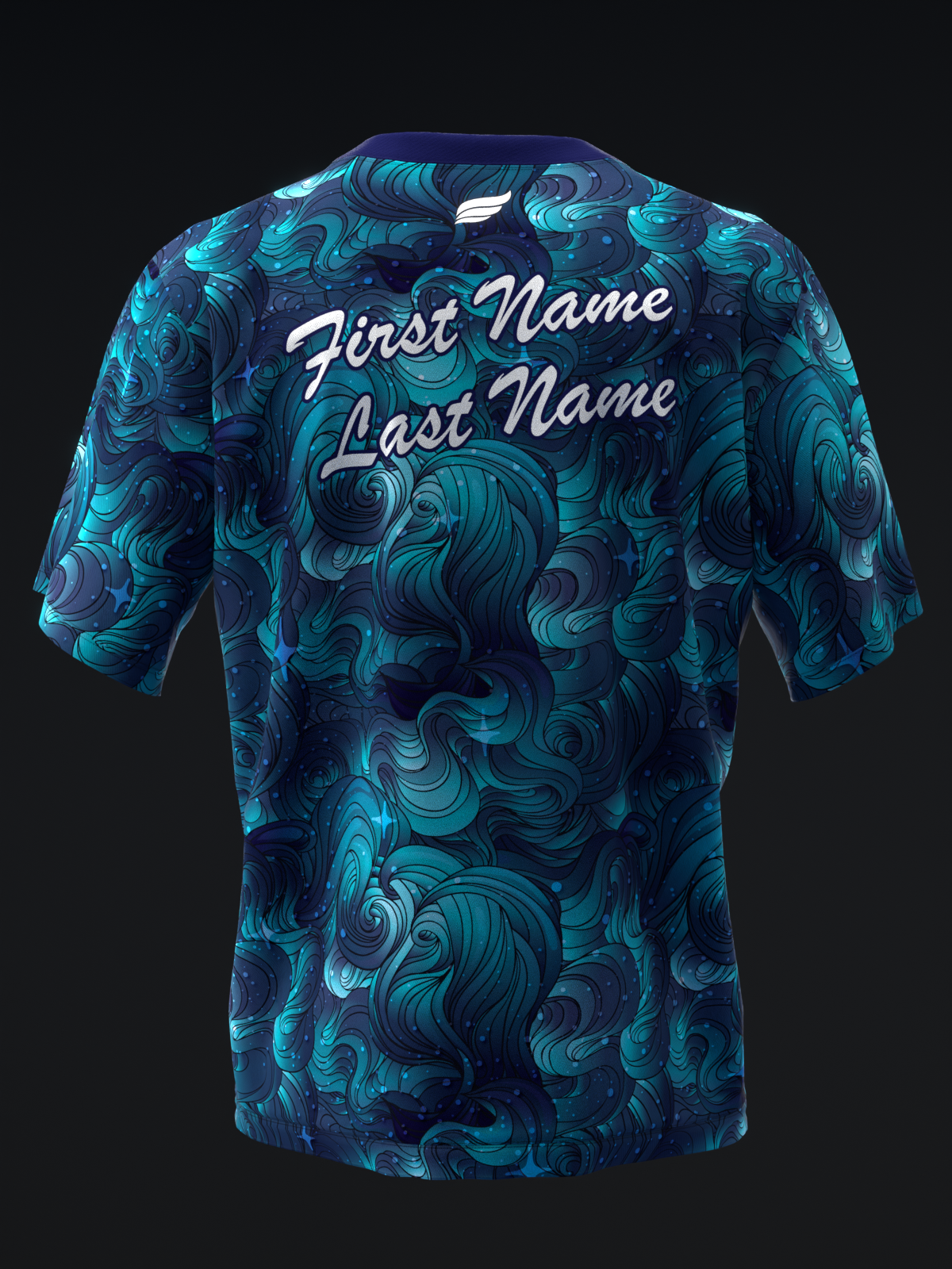 Blue bowling jersey with swirled abstract pattern and personalized text on back