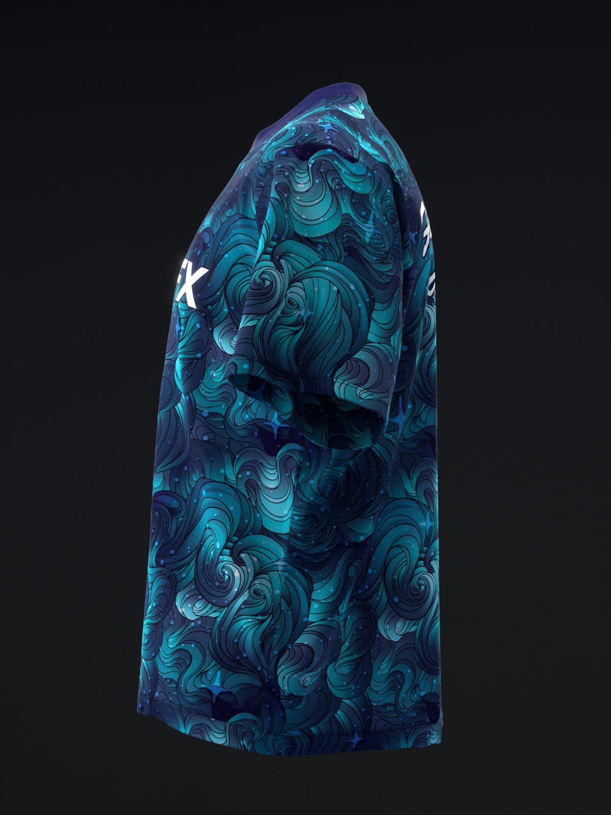 Blue bowling jersey with swirling abstract wave pattern and white logo detail