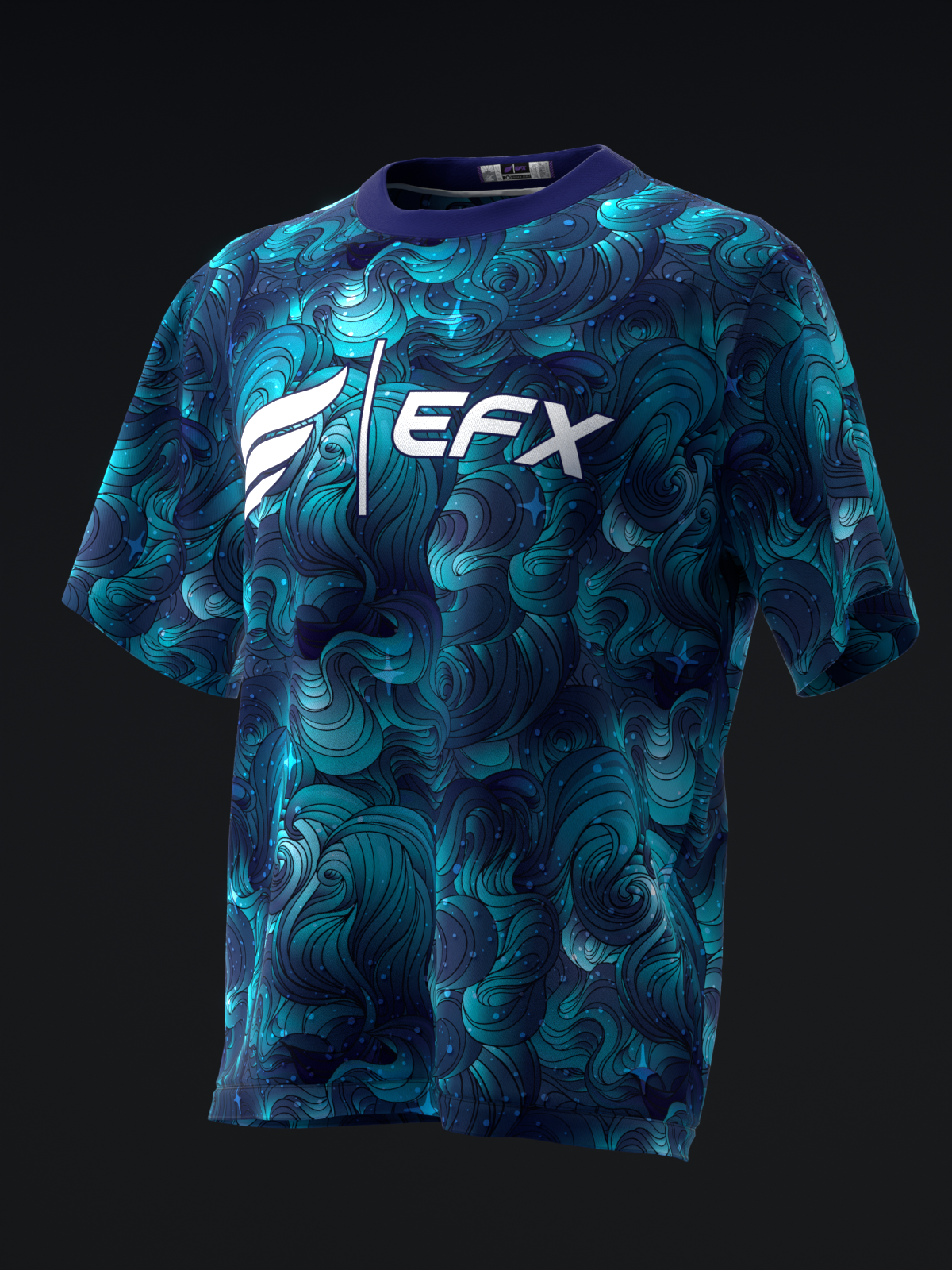 Blue bowling jersey with swirled turquoise pattern and EFX logo, front view