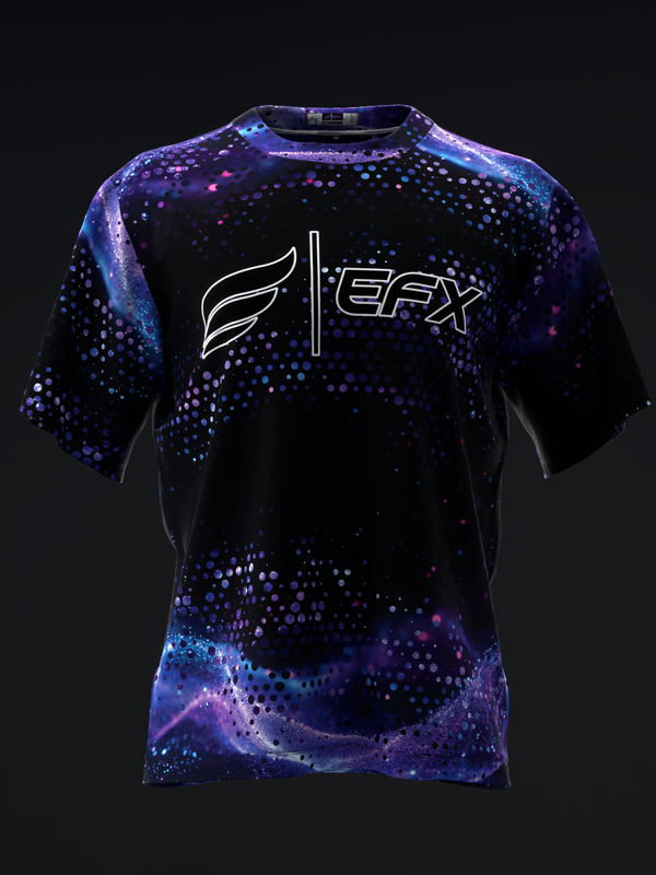 Black bowling jersey with purple and blue cosmic dot pattern and EFX logo