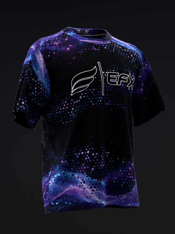Black bowling jersey with purple and blue galaxy-inspired dotted pattern and white EFX logo