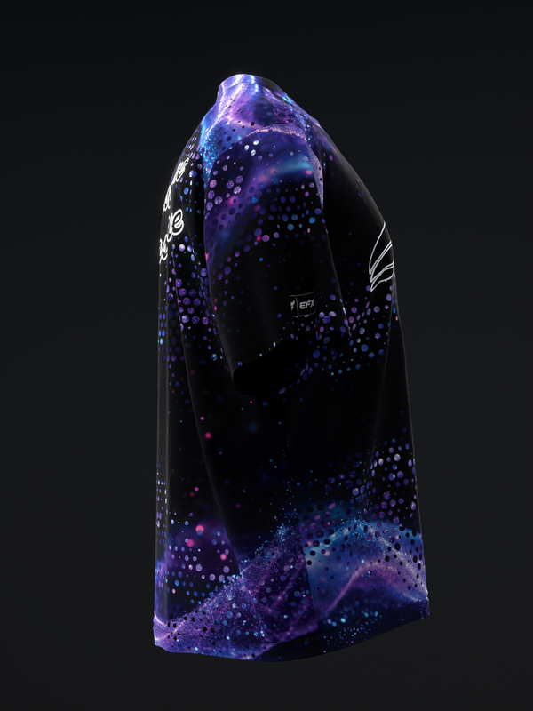 Black bowling jersey with purple and blue cosmic dot pattern design