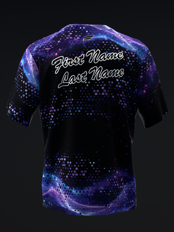 Black bowling jersey with purple and blue galaxy pattern and personalized text on back