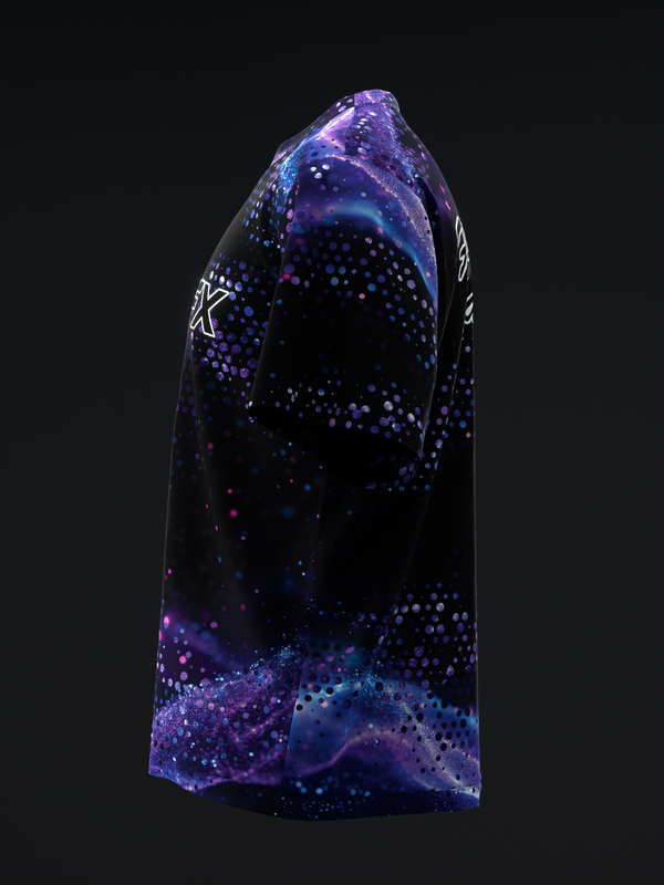 Black bowling jersey with purple and blue galaxy dot pattern, side view