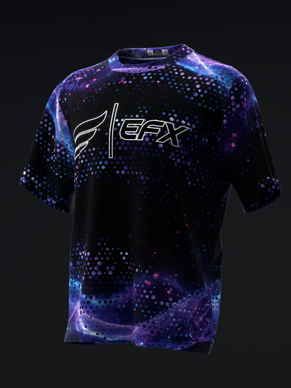 Black bowling jersey with blue and purple glowing dot pattern design on front