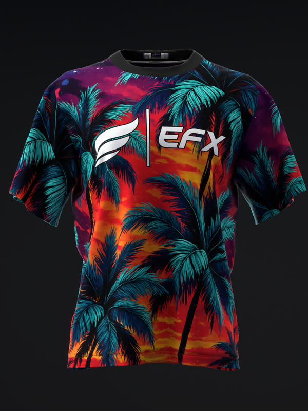 EFX bowling jersey with vibrant sunset and tropical palm tree design