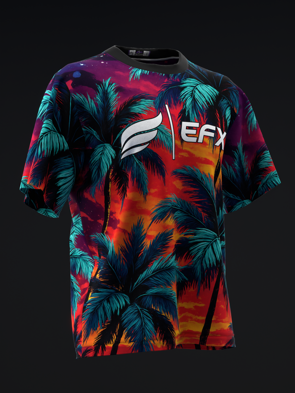 Front view of bowling jersey with tropical palm tree print in cyan, red, orange, and black on dark background. EFX logo visible on chest.