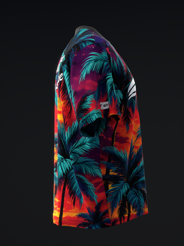 Bowling jersey with tropical palm tree print in red, orange, teal, and black