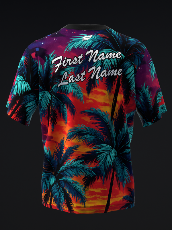 Bowling jersey with tropical palm tree sunset design and customizable name text