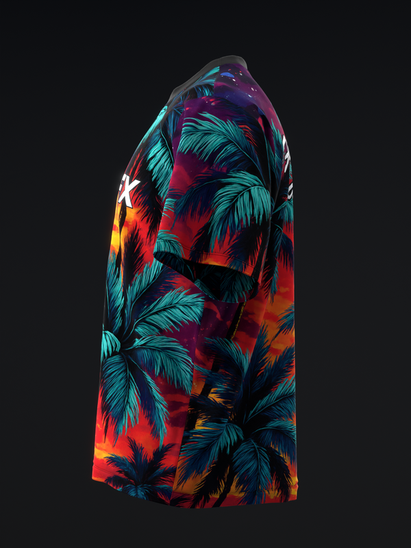 Bowling jersey with vibrant tropical palm leaf print in teal, red, and orange
