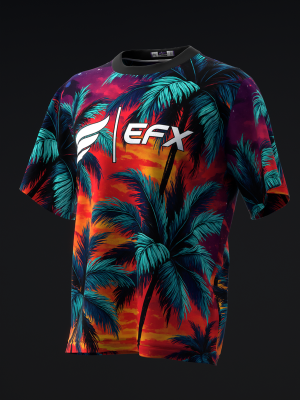 Front view bowling jersey with tropical palm tree pattern and sunset gradient design