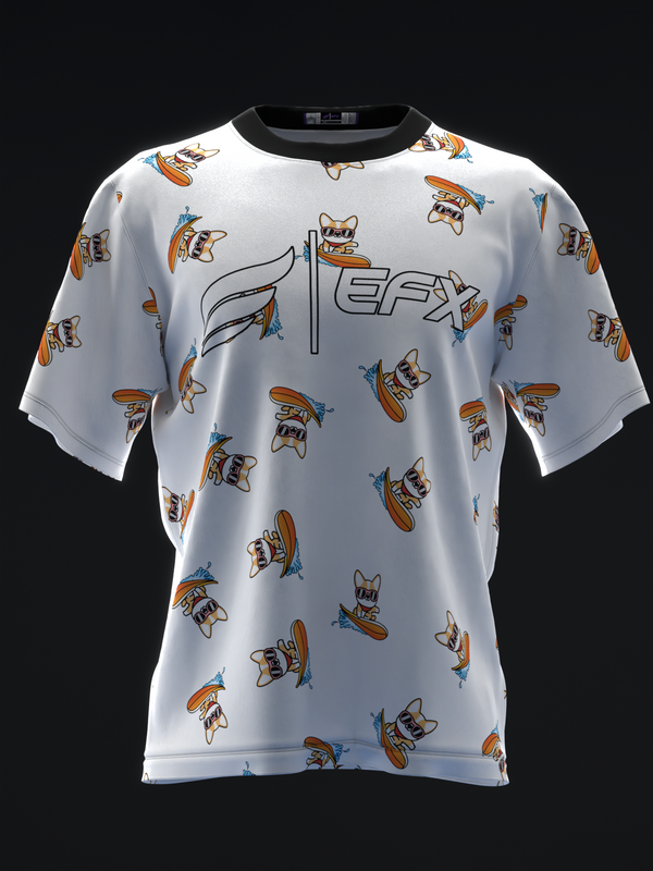 White bowling jersey with cartoon corgi and hot dog print throughout, EFX logo center chest