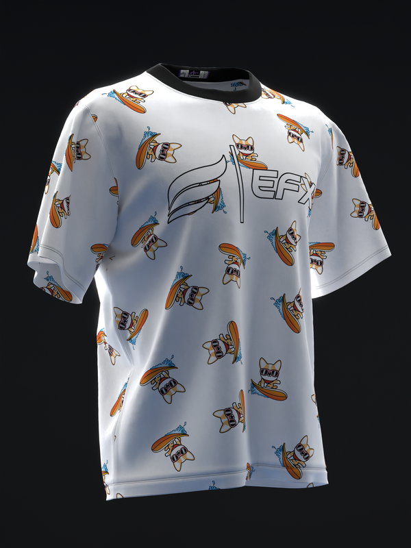 White bowling jersey with repeating orange and blue corgi surfboard print and EFX logo