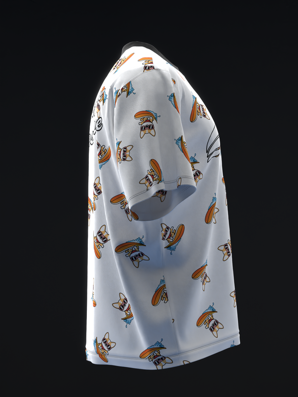 White bowling jersey with repeating corgi and surfboard print, side view