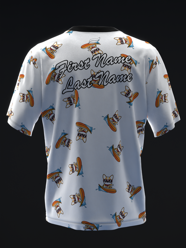 White bowling jersey with repeating surfing corgi and hot dog graphic pattern