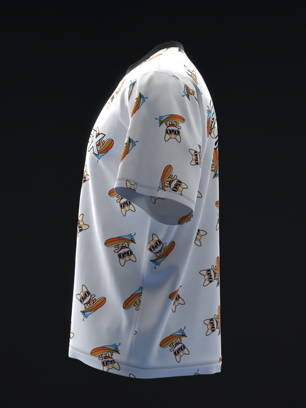 White bowling jersey with repeating cartoon corgi surfboard print, side view