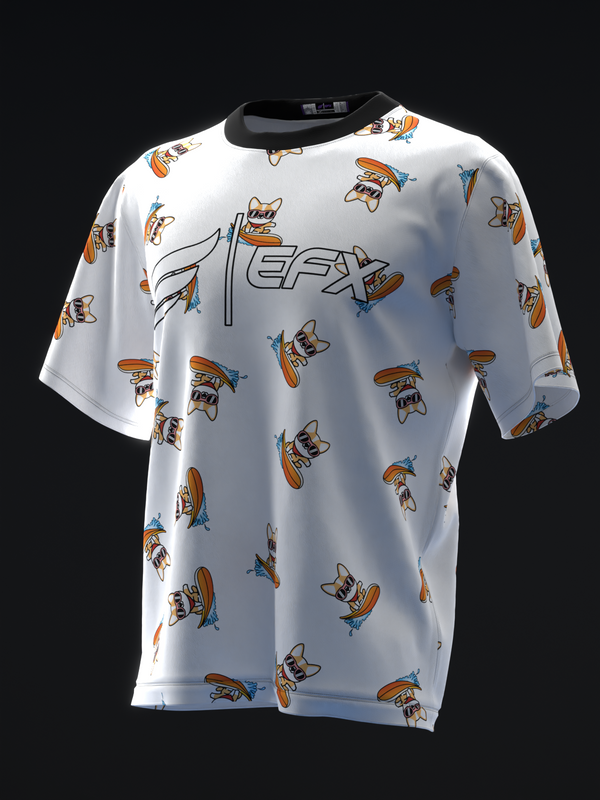 White bowling jersey with repeated surfing corgi graphics and EFX logo