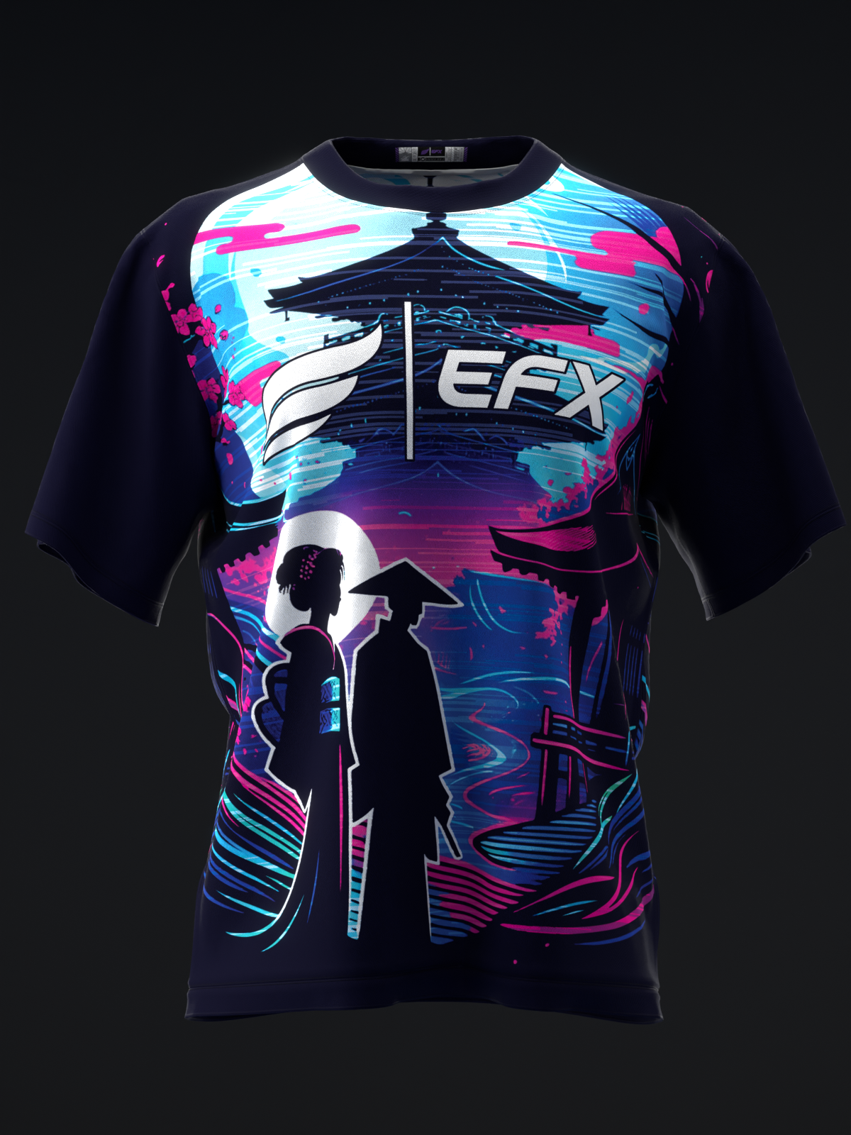 Black bowling jersey with neon cyan and magenta graphic design featuring silhouettes