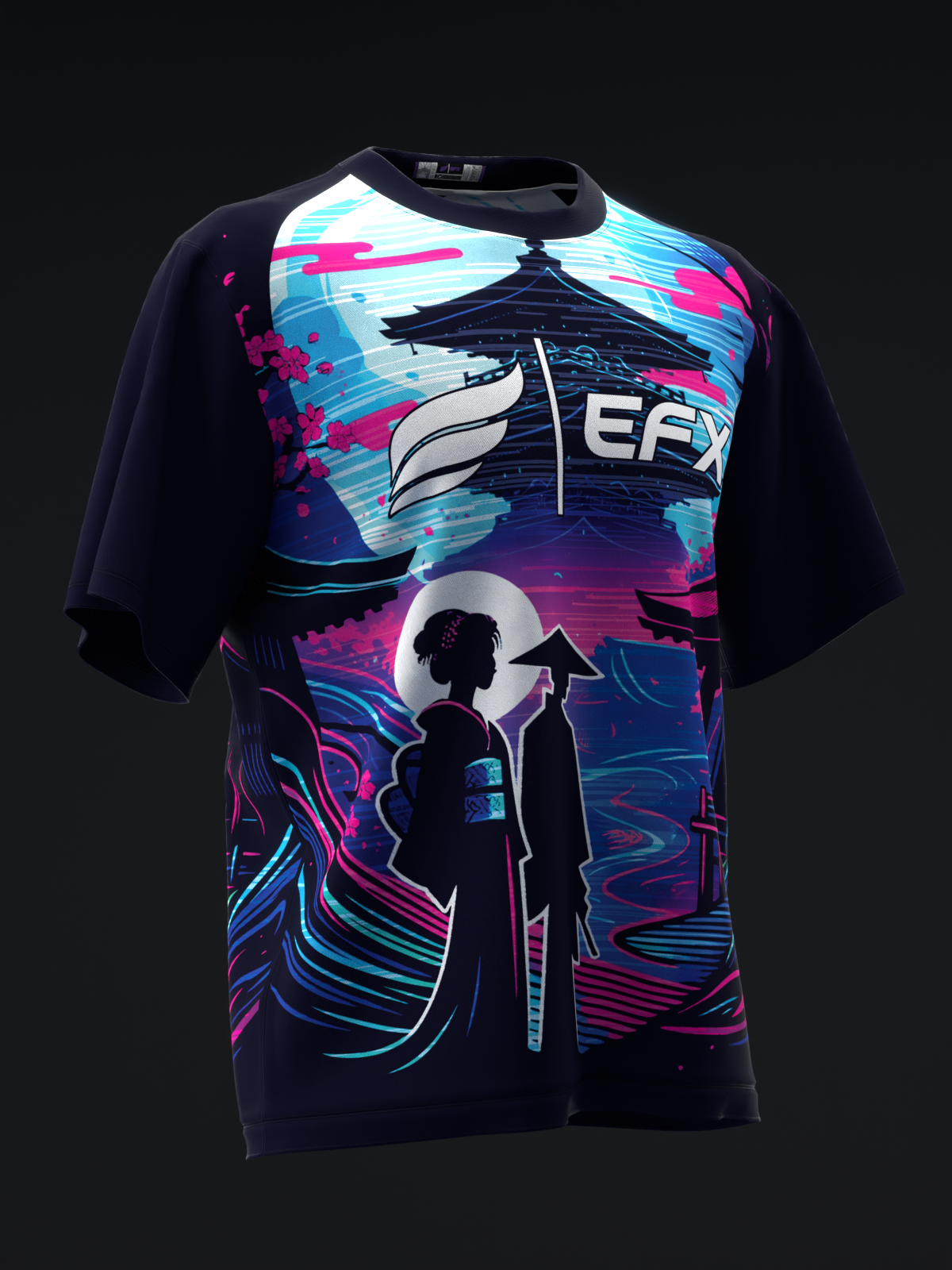 Black bowling jersey with vibrant cyan, magenta, and blue abstract graphic design, front view
